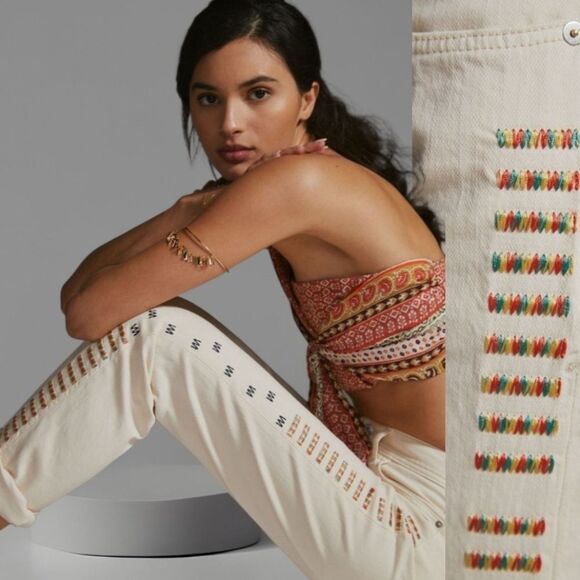 Pilcro by Anthropologie Ivory Mid-Rise Slim Straight Boyfriend Jeans Size 26 (S) - Picture 5 of 16